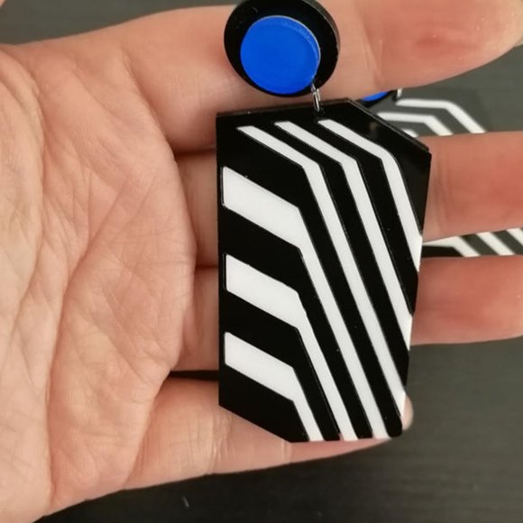 Stripe Drop Dangle Earrings Big Black White Acrylic Earrings - Picture 9 of 10